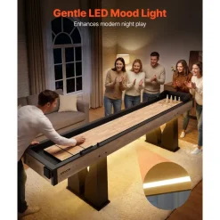 VEVOR 9 ft LED Shuffleboard Table, 2 in 1 Shuffleboard and Bowling Combo Set, Shuffle Board with Light‑Up Rails, Scratch-Resistant Playfield, 8 Pucks, Bowling Set, Wax, Brush, for Family Game Room