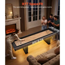 VEVOR 9 ft LED Shuffleboard Table, 2 in 1 Shuffleboard and Bowling Combo Set, Shuffle Board with Light‑Up Rails, Scratch-Resistant Playfield, 8 Pucks, Bowling Set, Wax, Brush, for Family Game Room