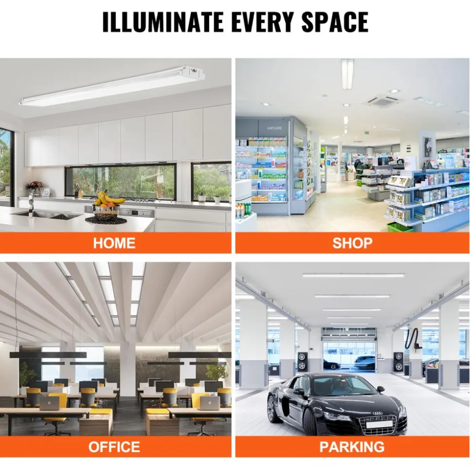 VEVOR 8FT LED Wraparound Light, 110W 10,000LM, Flush Mount LED Shop Light, 4 Pack 6500K Daylight LED Kitchen Ceiling Lighting Fixtures, for Garage Office Laundry Fluorescent Tube Replacement, FCC
