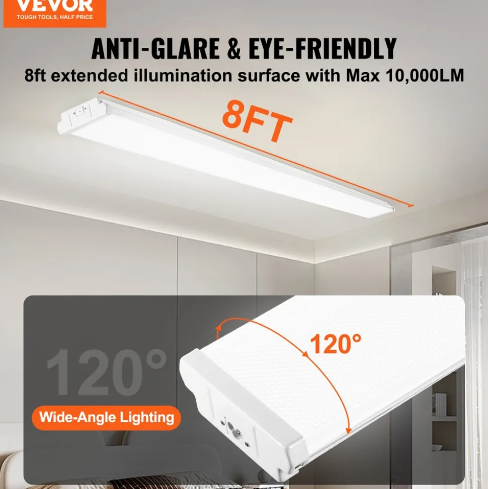 VEVOR 8FT LED Wraparound Light, 110W 10,000LM, Flush Mount LED Shop Light, 4 Pack 6500K Daylight LED Kitchen Ceiling Lighting Fixtures, for Garage Office Laundry Fluorescent Tube Replacement, FCC