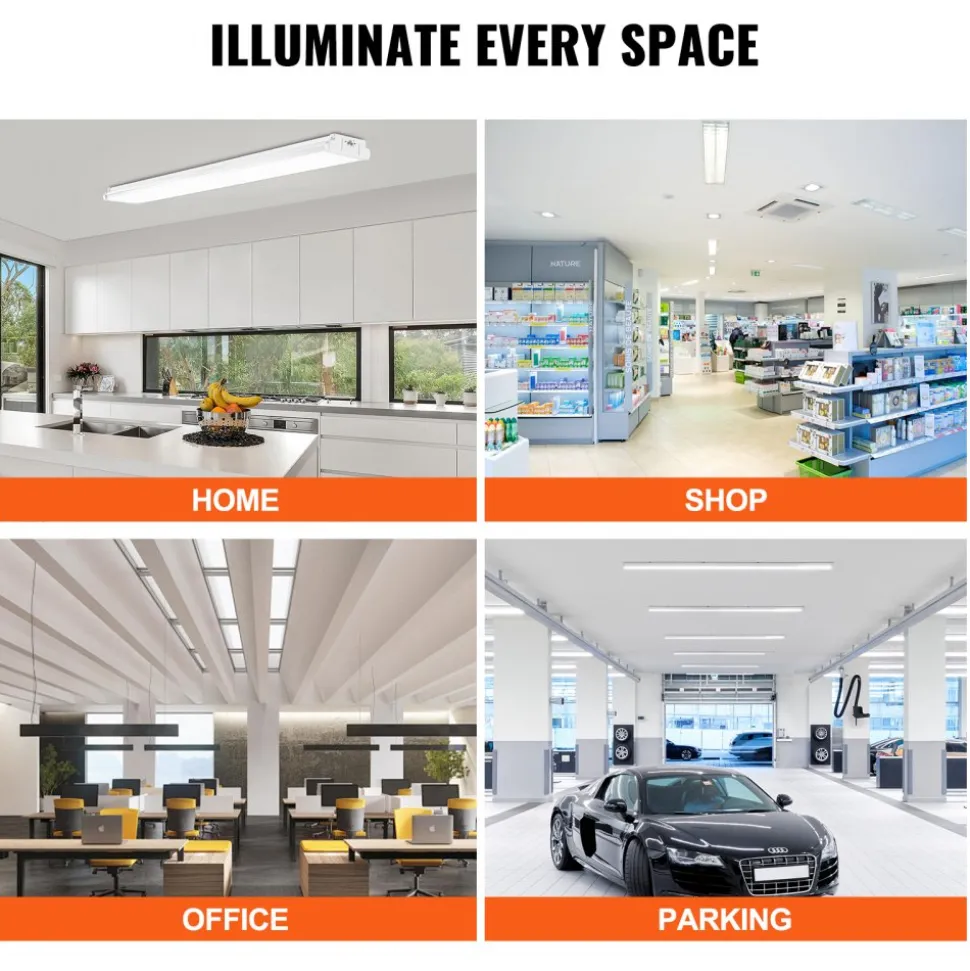 VEVOR 4FT LED Wraparound Light, 50W, 5500LM Flush Mount LED Shop Light, 4 Pack 6500K Daylight LED Kitchen Ceiling Lighting Fixtures, for Garage Office Laundry Fluorescent Tube Replacement, FCC