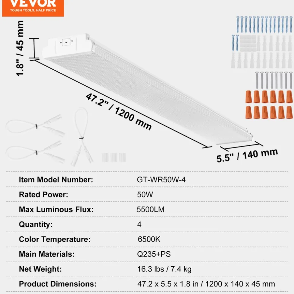 VEVOR 4FT LED Wraparound Light, 50W, 5500LM Flush Mount LED Shop Light, 4 Pack 6500K Daylight LED Kitchen Ceiling Lighting Fixtures, for Garage Office Laundry Fluorescent Tube Replacement, FCC