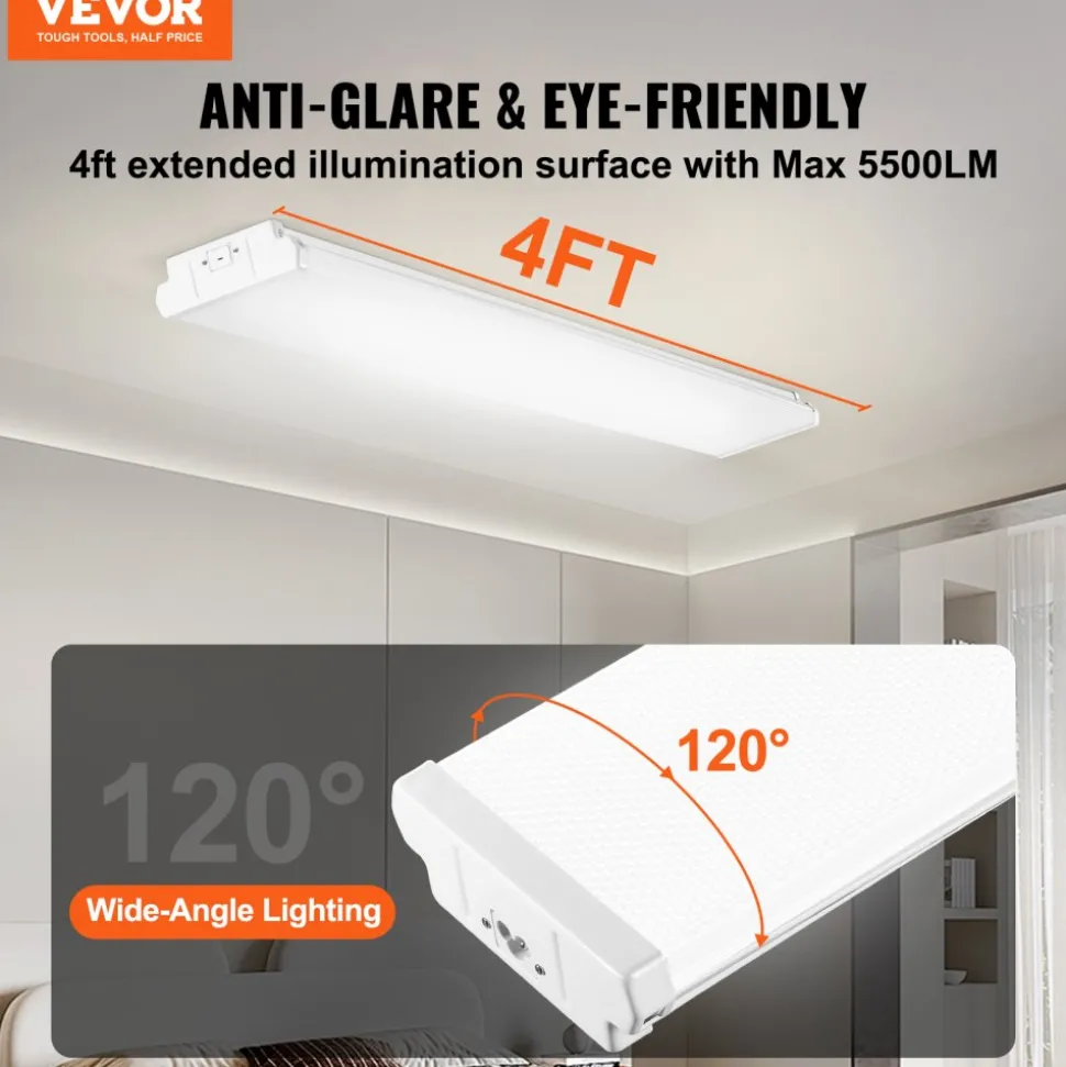 VEVOR 4FT LED Wraparound Light, 50W, 5500LM Flush Mount LED Shop Light, 4 Pack 6500K Daylight LED Kitchen Ceiling Lighting Fixtures, for Garage Office Laundry Fluorescent Tube Replacement, FCC