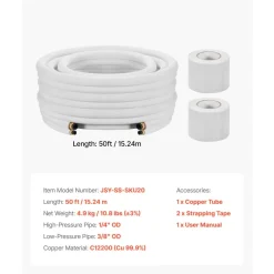 VEVOR 50ft Mini Split Line Set, 1/4” & 3/8” OD AC Copper Tubing Pipe, 3/8 White PE Thickened Insulated Coil with Flared Nuts, Strapping Tapes, for Mini Split Air Conditioner HVAC or Heat Pump System
