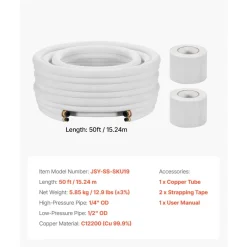 VEVOR 25FT Mini Split Line Set, 1/4" & 3/8" O.D Copper Pipes Tubing and Triple-Layer Insulation, for Air Conditioning or Heating Pump Equipment & HVAC with Rich Accessories (27ft Connection Cable)