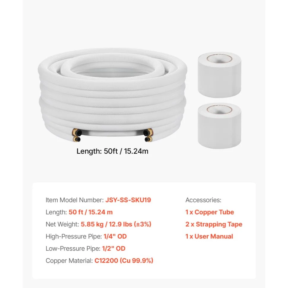 VEVOR 25FT Mini Split Line Set, 1/4" & 3/8" O.D Copper Pipes Tubing and Triple-Layer Insulation, for Air Conditioning or Heating Pump Equipment & HVAC with Rich Accessories (27ft Connection Cable)