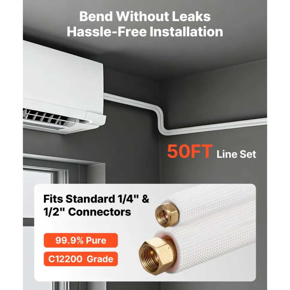 VEVOR 25FT Mini Split Line Set, 1/4" & 3/8" O.D Copper Pipes Tubing and Triple-Layer Insulation, for Air Conditioning or Heating Pump Equipment & HVAC with Rich Accessories (27ft Connection Cable)
