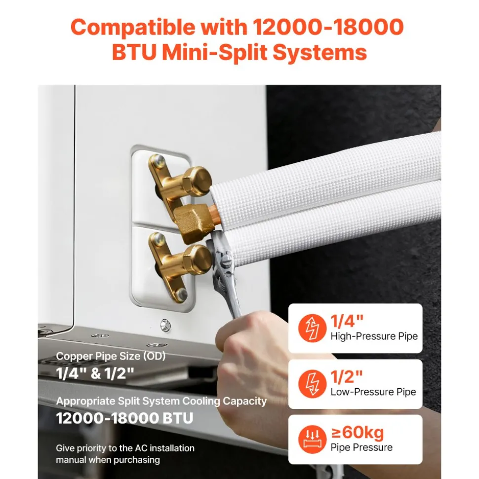 VEVOR 25FT Mini Split Line Set, 1/4" & 3/8" O.D Copper Pipes Tubing and Triple-Layer Insulation, for Air Conditioning or Heating Pump Equipment & HVAC with Rich Accessories (27ft Connection Cable)