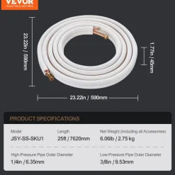 VEVOR 100ft Mini Split Line Set, 1/4” & 1/2” OD AC Copper Tubing Pipe, 3/8 White PE Thickened Insulated Coil with Flared Nuts, Strapping Tapes, for Mini Split Air Conditioner HVAC or Heat Pump System