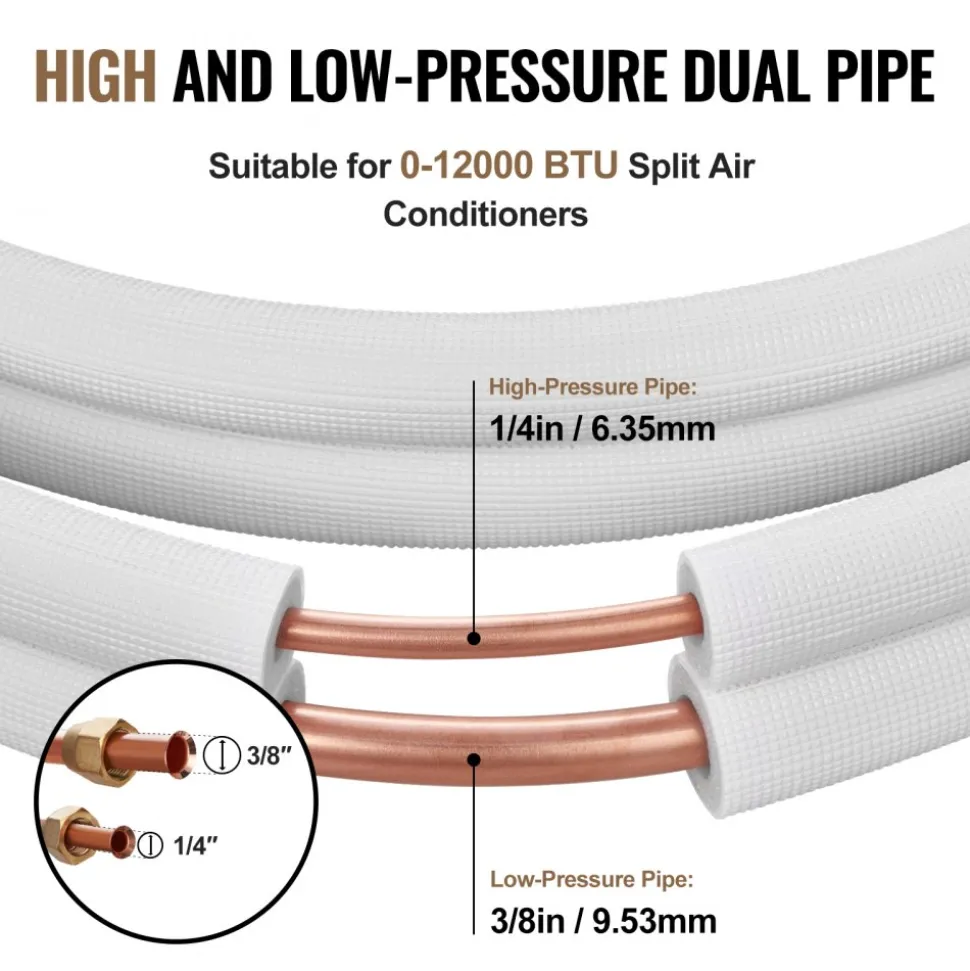 VEVOR 100ft Mini Split Line Set, 1/4” & 1/2” OD AC Copper Tubing Pipe, 3/8 White PE Thickened Insulated Coil with Flared Nuts, Strapping Tapes, for Mini Split Air Conditioner HVAC or Heat Pump System