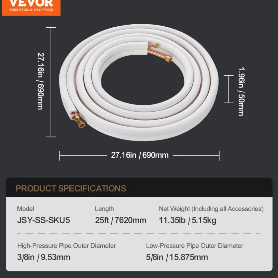 VEVOR 25FT Mini Split Line Set, 3/8" & 5/8" O.D Copper Pipes Tubing and Triple-Layer Insulation, for Mini Split Air Conditioning Refrigerant or Heating Pump Equipment & HVAC with Wrapping Strips.