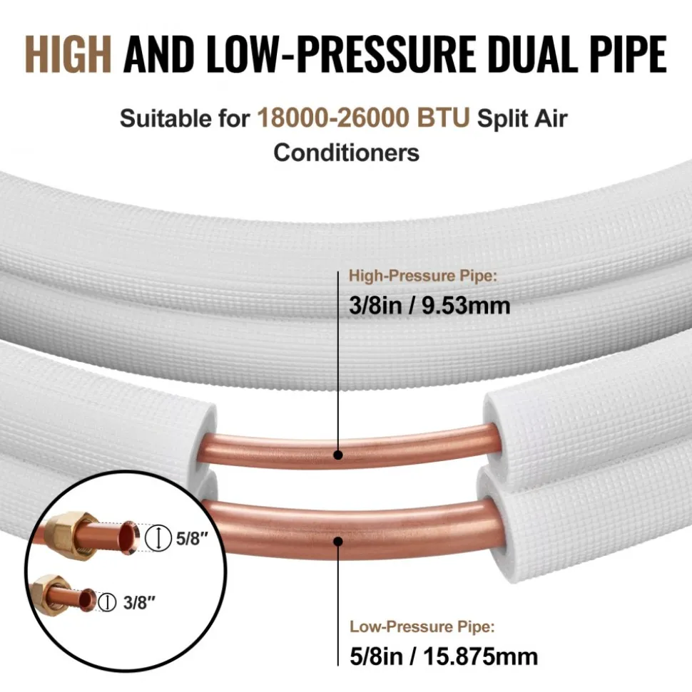 VEVOR 25FT Mini Split Line Set, 3/8" & 5/8" O.D Copper Pipes Tubing and Triple-Layer Insulation, for Mini Split Air Conditioning Refrigerant or Heating Pump Equipment & HVAC with Wrapping Strips.
