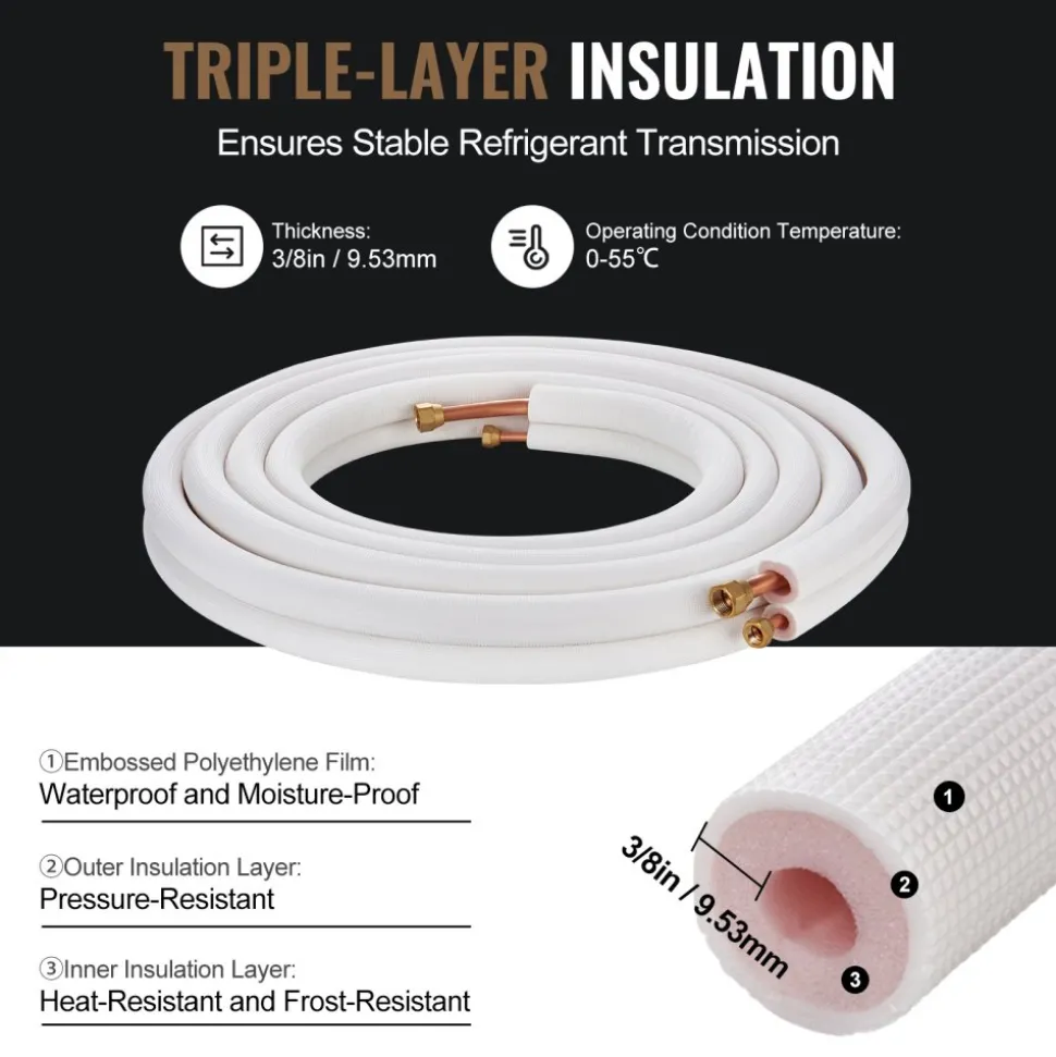 VEVOR 25FT Mini Split Line Set, 3/8" & 5/8" O.D Copper Pipes Tubing and Triple-Layer Insulation, for Mini Split Air Conditioning Refrigerant or Heating Pump Equipment & HVAC with Wrapping Strips.