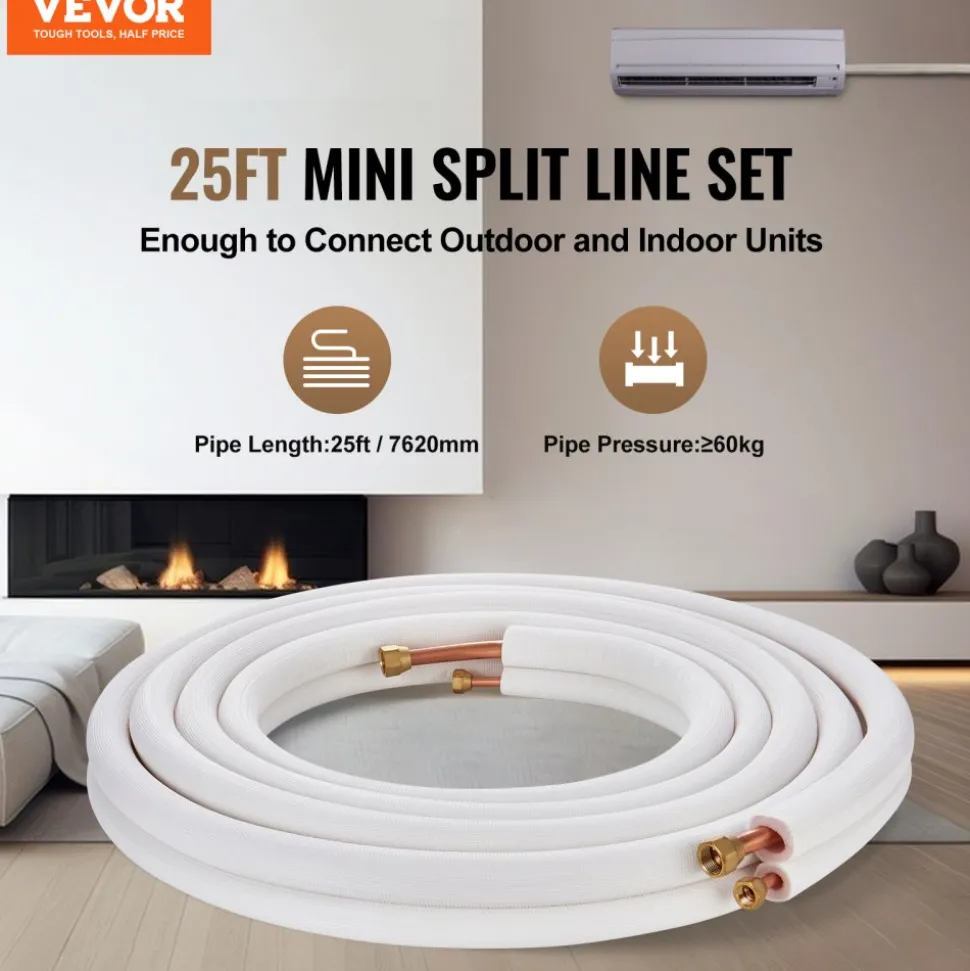 VEVOR 25FT Mini Split Line Set, 3/8" & 5/8" O.D Copper Pipes Tubing and Triple-Layer Insulation, for Mini Split Air Conditioning Refrigerant or Heating Pump Equipment & HVAC with Wrapping Strips.