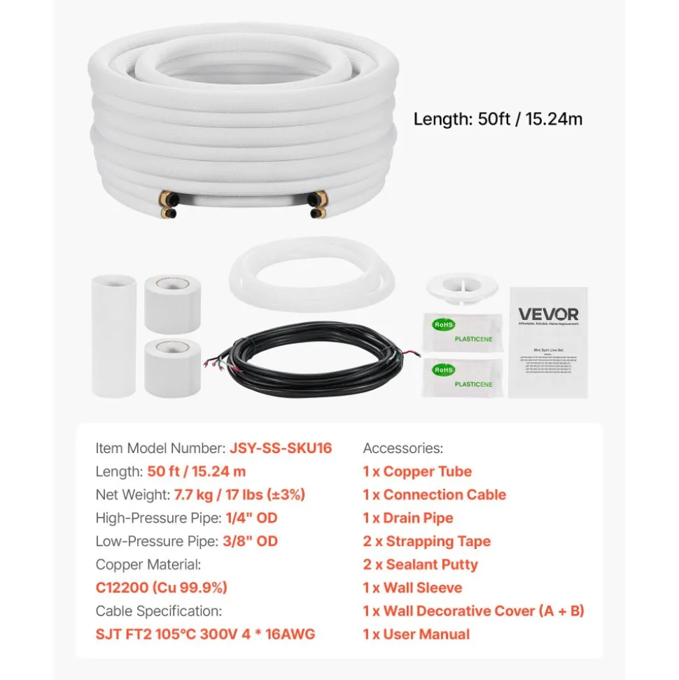 VEVOR 50FT Mini Split Line Set, 3/8" & 5/8" O.D Copper Pipes Tubing and Triple-Layer Insulation, for Mini Split Air Conditioning Refrigerant or Heating Pump Equipment & HVAC with Wrapping Strips.