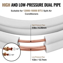 VEVOR 25ft Mini Split Line Set, 3/8” & 5/8” OD AC Copper Tubing Pipe, 3/8 White PE Thickened Insulated Coil with Flared Nuts, Rich Fittings, for Mini Split Air Conditioner HVAC or Heat Pump System