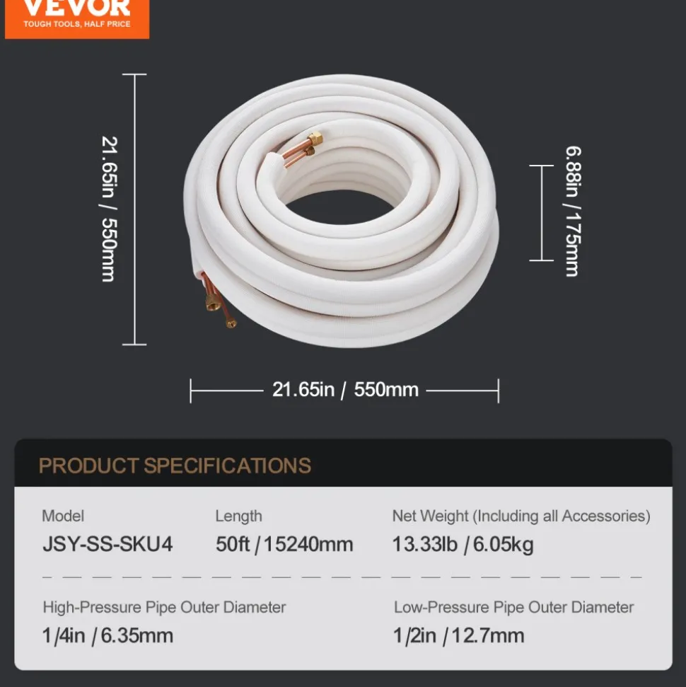 VEVOR 25ft Mini Split Line Set, 3/8” & 5/8” OD AC Copper Tubing Pipe, 3/8 White PE Thickened Insulated Coil with Flared Nuts, Rich Fittings, for Mini Split Air Conditioner HVAC or Heat Pump System