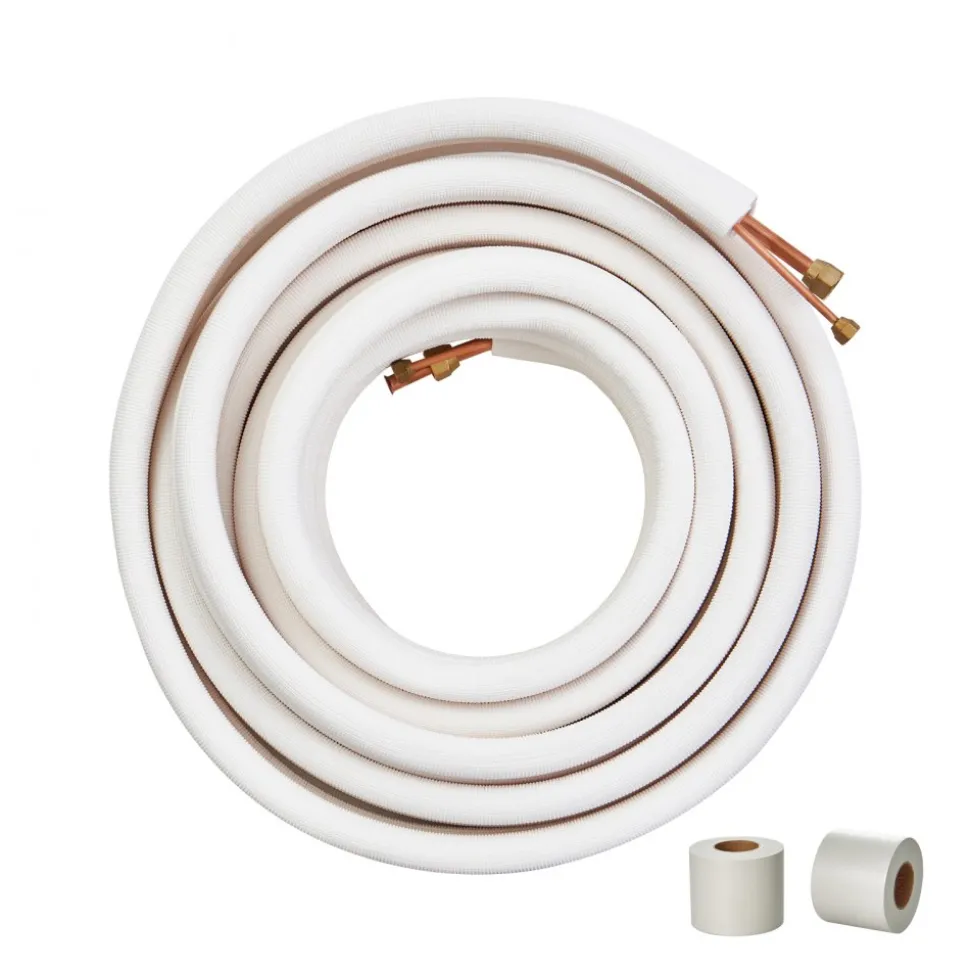 VEVOR 25ft Mini Split Line Set, 3/8” & 5/8” OD AC Copper Tubing Pipe, 3/8 White PE Thickened Insulated Coil with Flared Nuts, Rich Fittings, for Mini Split Air Conditioner HVAC or Heat Pump System