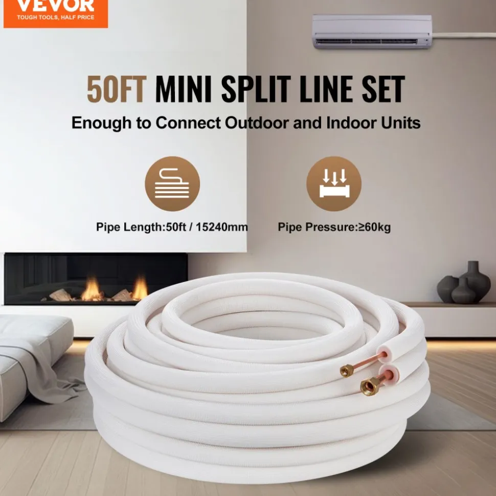 VEVOR 25ft Mini Split Line Set, 3/8” & 5/8” OD AC Copper Tubing Pipe, 3/8 White PE Thickened Insulated Coil with Flared Nuts, Rich Fittings, for Mini Split Air Conditioner HVAC or Heat Pump System