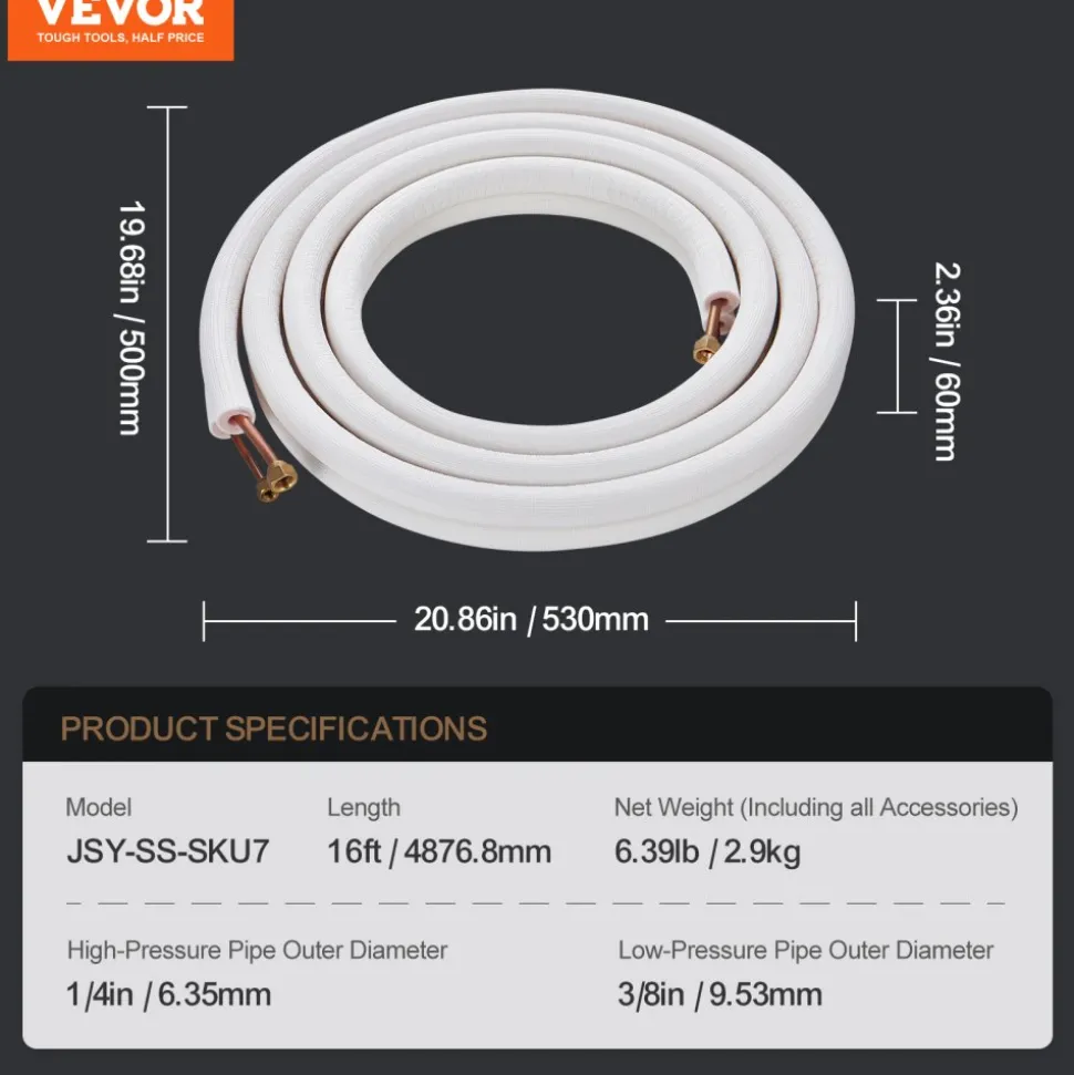 VEVOR 16FT Mini Split Line Set, 1/4" & 3/8" O.D Copper Pipes Tubing and Triple-Layer Insulation, for Air Conditioning or Heating Pump Equipment & HVAC with Rich Accessories (18ft Connection Cable)