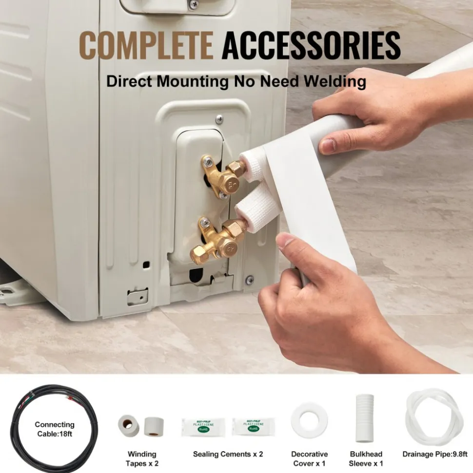 VEVOR 16FT Mini Split Line Set, 1/4" & 3/8" O.D Copper Pipes Tubing and Triple-Layer Insulation, for Air Conditioning or Heating Pump Equipment & HVAC with Rich Accessories (18ft Connection Cable)