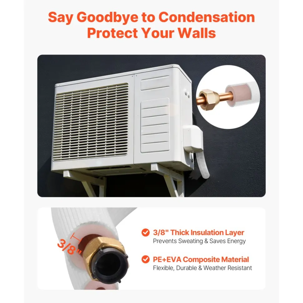 VEVOR 50ft Mini Split Line Set, 1/4” & 1/2” OD AC Copper Tubing Pipe, 3/8 White PE Thickened Insulated Coil with Flared Nuts, Rich Fittings, for Mini Split Air Conditioner HVAC or Heat Pump System