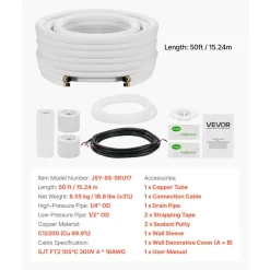 VEVOR 50ft Mini Split Line Set, 1/4” & 1/2” OD AC Copper Tubing Pipe, 3/8 White PE Thickened Insulated Coil with Flared Nuts, Rich Fittings, for Mini Split Air Conditioner HVAC or Heat Pump System