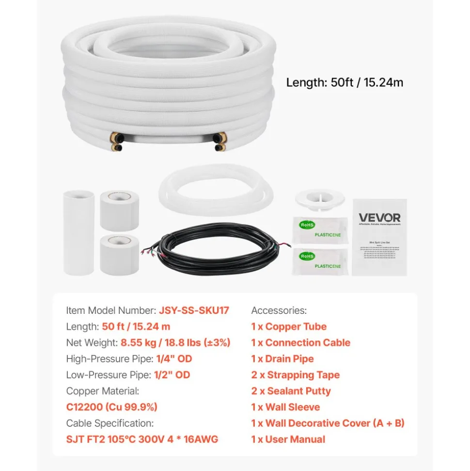 VEVOR 50ft Mini Split Line Set, 1/4” & 1/2” OD AC Copper Tubing Pipe, 3/8 White PE Thickened Insulated Coil with Flared Nuts, Rich Fittings, for Mini Split Air Conditioner HVAC or Heat Pump System