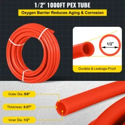 VEVOR 1000Ft PEX Tubing Pipe 1/2" PEX Tubing Oxygen Barrier Radiant Floor PEX Pipe Radiant Heat Floor Heating Plumbing Cold and Hot Water Tubing