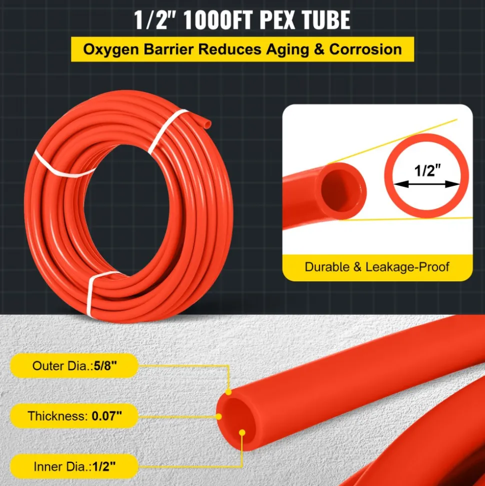 VEVOR 1000Ft PEX Tubing Pipe 1/2" PEX Tubing Oxygen Barrier Radiant Floor PEX Pipe Radiant Heat Floor Heating Plumbing Cold and Hot Water Tubing