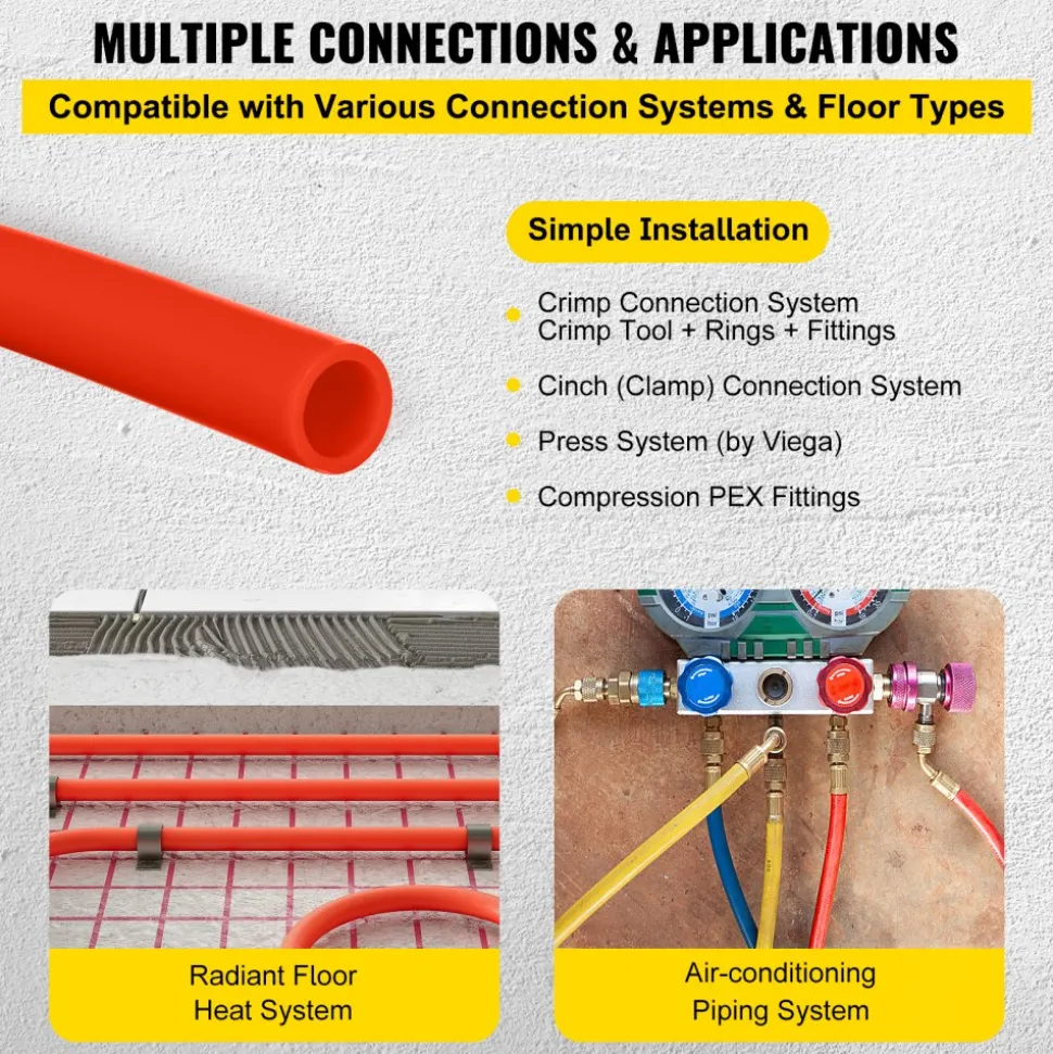 VEVOR 1000Ft PEX Tubing Pipe 1/2" PEX Tubing Oxygen Barrier Radiant Floor PEX Pipe Radiant Heat Floor Heating Plumbing Cold and Hot Water Tubing