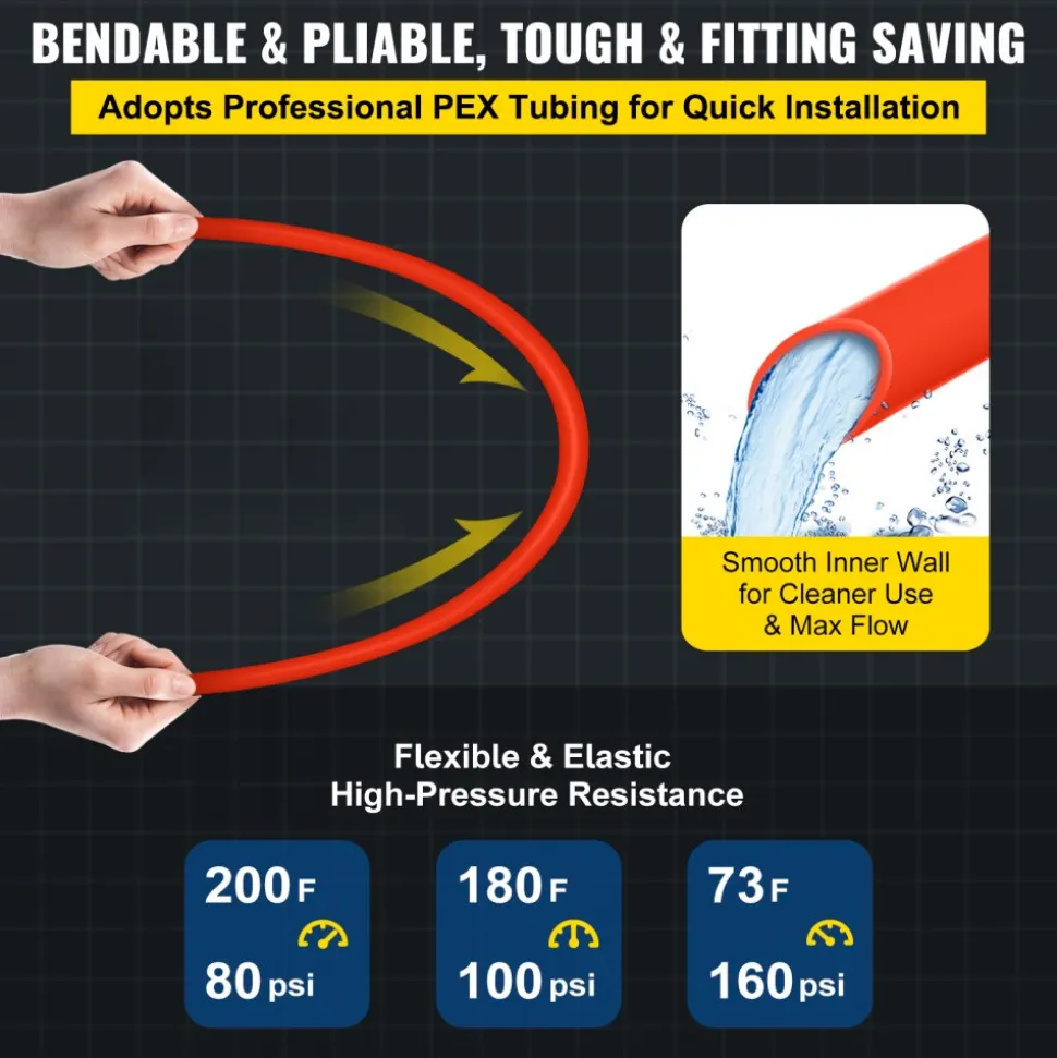 VEVOR 1000Ft PEX Tubing Pipe 1/2" PEX Tubing Oxygen Barrier Radiant Floor PEX Pipe Radiant Heat Floor Heating Plumbing Cold and Hot Water Tubing