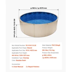 VEVOR 15ft Pool Liner, Round Overlap Swimming Pool Liner for 54 in Wall Height, Premium Vinyl, Easy Install with Leak-Proof Patches, Designed for Steel Sided Above-Ground,Outdoor, Boulder Swirl