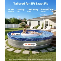 VEVOR 8ft Pool Liner, Round Overlap Swimming Pool Liner for 27.5 in Wall Height, Heavy Gauge Vinyl, Easy Install with Leak-Proof Patches, Designed for Steel Sided Above-Ground,Outdoor, Crystal