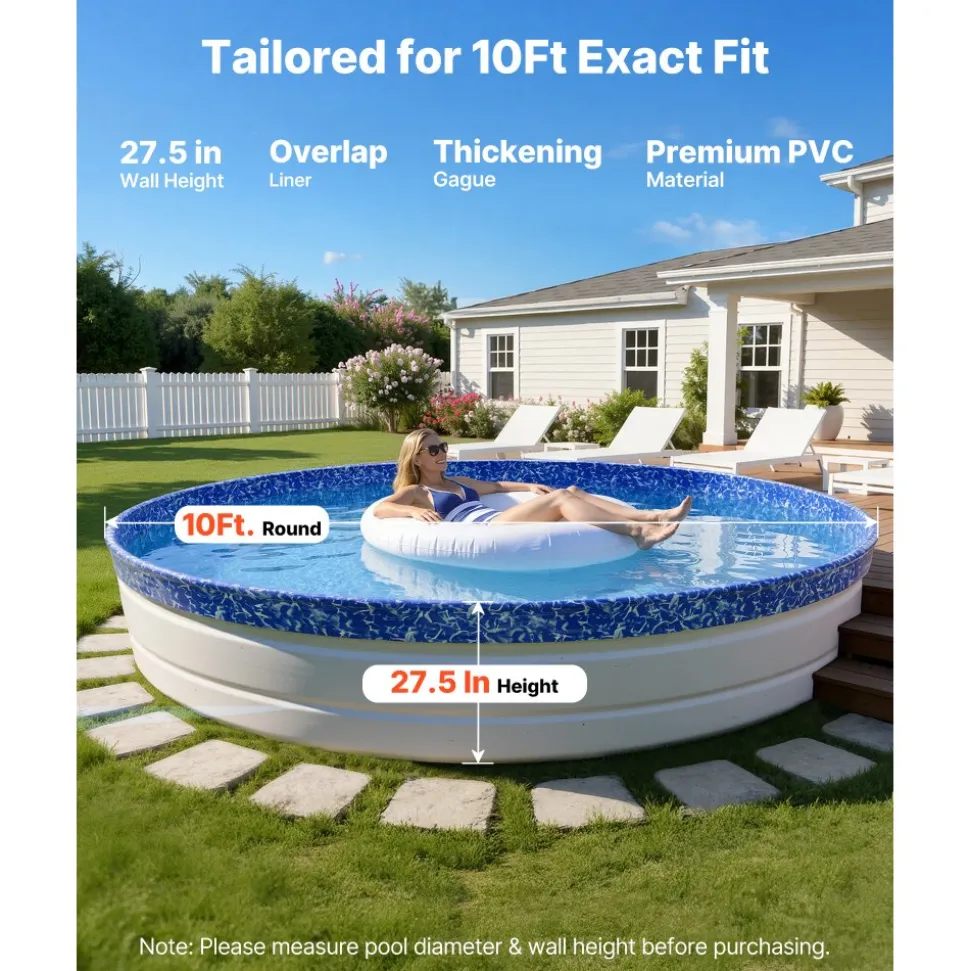 VEVOR 10ft Pool Liner, Round Overlap Swimming Pool Liner for 27.5 in Wall Height, Heavy Gauge Vinyl, Easy Install with Leak-Proof Patches, Designed for Steel Sided Above-Ground,Outdoor, Crystal