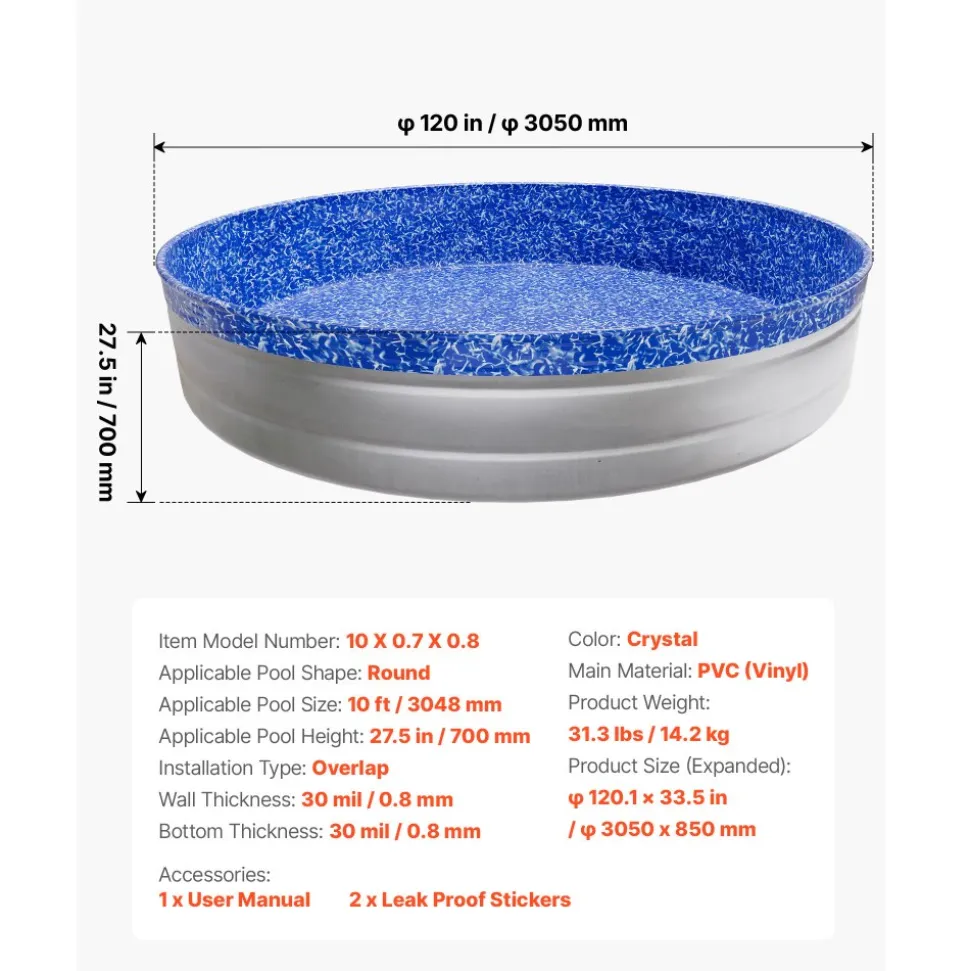 VEVOR 10ft Pool Liner, Round Overlap Swimming Pool Liner for 27.5 in Wall Height, Heavy Gauge Vinyl, Easy Install with Leak-Proof Patches, Designed for Steel Sided Above-Ground,Outdoor, Crystal