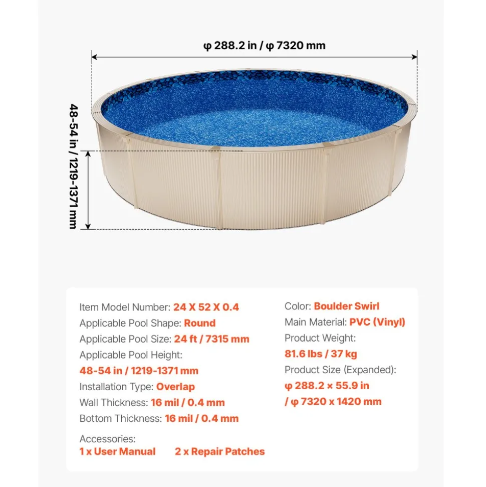 VEVOR 24ft Pool Liner, Round Overlap Swimming Pool Liner for 52 in Wall Height, Premium Vinyl, Easy Install with Leak-Proof Patches, Designed for Steel Sided Above-Ground,Outdoor, Boulder Swirl