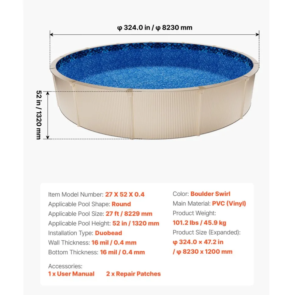 VEVOR 27ft Pool Liner, Round UniBead Swimming Pool Liner for 52 in Wall Height, Premium Vinyl, Easy Install with Leak-Proof Patches, Designed for Steel Sided Above-Ground,Outdoor, Boulder Swirl