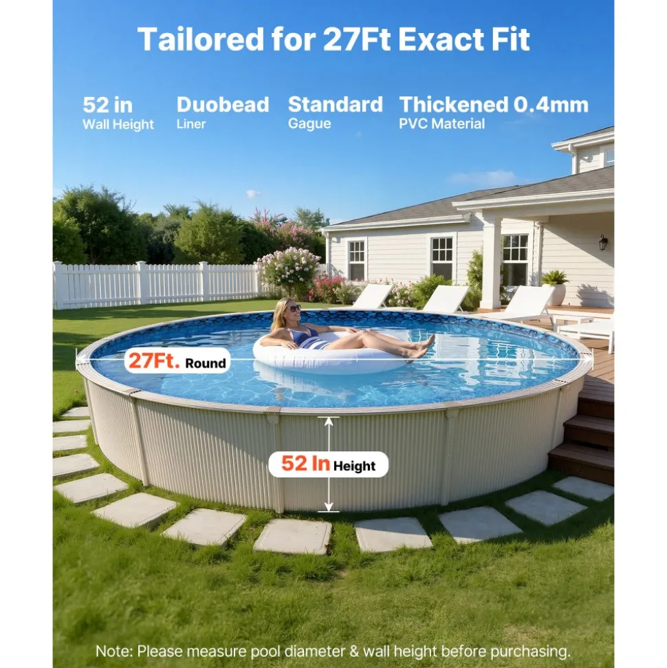 VEVOR 27ft Pool Liner, Round UniBead Swimming Pool Liner for 52 in Wall Height, Premium Vinyl, Easy Install with Leak-Proof Patches, Designed for Steel Sided Above-Ground,Outdoor, Boulder Swirl