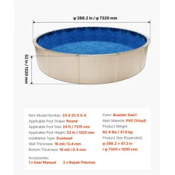 VEVOR 24ft Pool Liner, Round UniBead Swimming Pool Liner for 52 in Wall Height, Premium Vinyl, Easy Install with Leak-Proof Patches, Designed for Steel Sided Above-Ground,Outdoor, Boulder Swirl