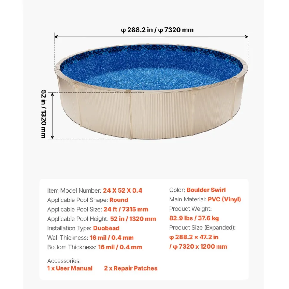 VEVOR 24ft Pool Liner, Round UniBead Swimming Pool Liner for 52 in Wall Height, Premium Vinyl, Easy Install with Leak-Proof Patches, Designed for Steel Sided Above-Ground,Outdoor, Boulder Swirl