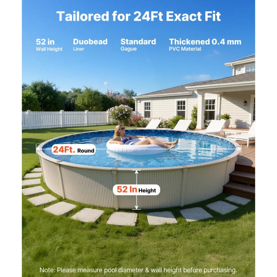 VEVOR 24ft Pool Liner, Round UniBead Swimming Pool Liner for 52 in Wall Height, Premium Vinyl, Easy Install with Leak-Proof Patches, Designed for Steel Sided Above-Ground,Outdoor, Boulder Swirl