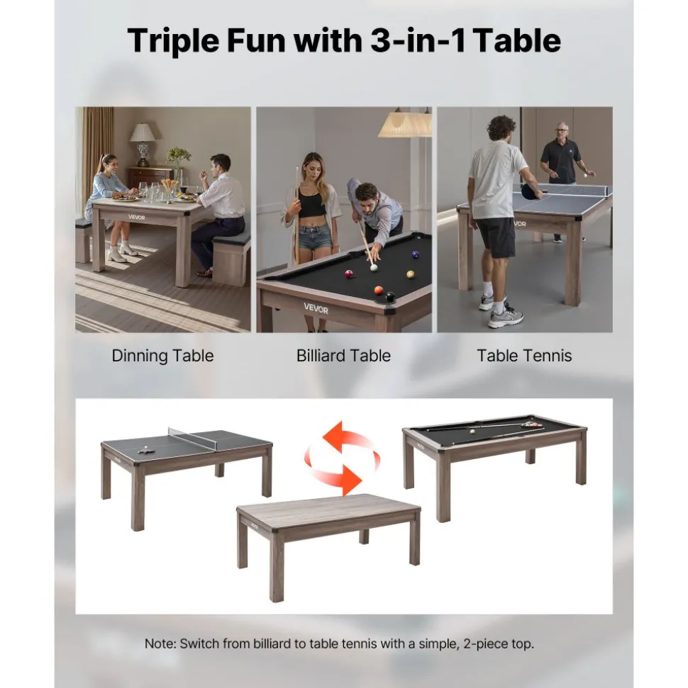 VEVOR 7ft Pool Table Combo Set, 3-in-1 Multi Game Billiards Tables with Dining Top and Ping Pong, 2 Benches for Storage and Accessories, Includes Ball Cue Rack Chalk Brush, for Family Recreation Room