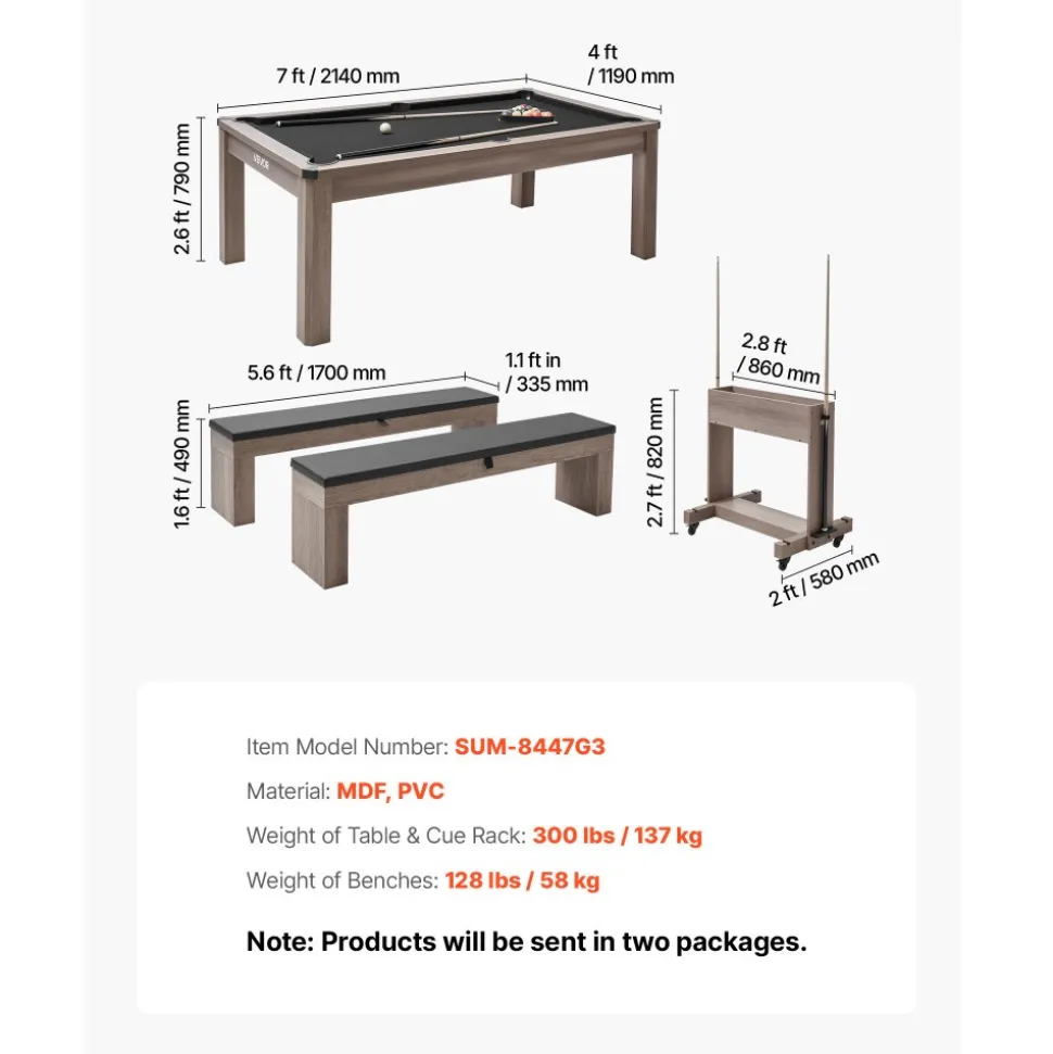 VEVOR 7ft Pool Table Combo Set, 3-in-1 Multi Game Billiards Tables with Dining Top and Ping Pong, 2 Benches for Storage and Accessories, Includes Ball Cue Rack Chalk Brush, for Family Recreation Room