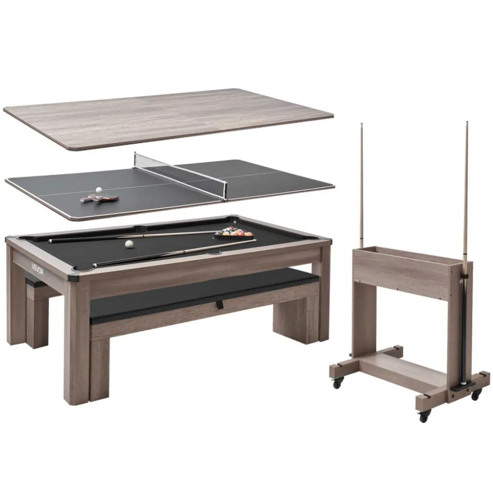 VEVOR 7ft Pool Table Combo Set, 3-in-1 Multi Game Billiards Tables with Dining Top and Ping Pong, 2 Benches for Storage and Accessories, Includes Ball Cue Rack Chalk Brush, for Family Recreation Room