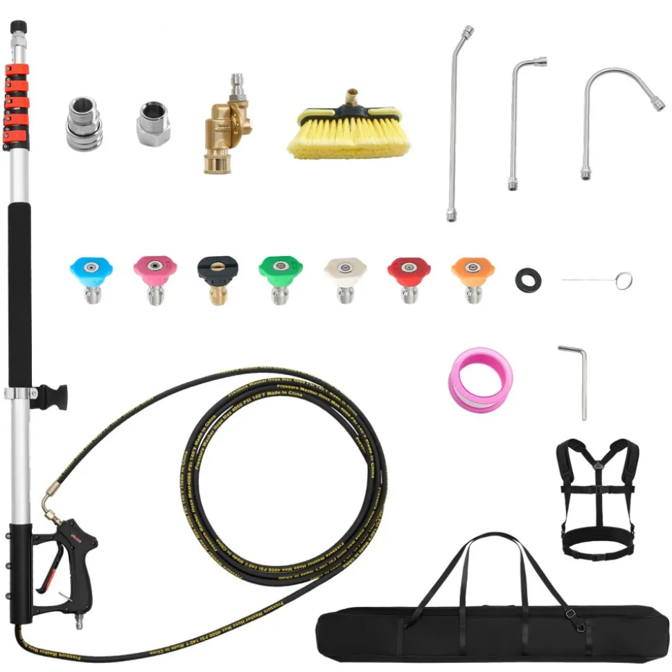 VEVOR 25 FT Pressure Washer Telescoping Wand, with Power Washer Extension Wands & High Pressure Hose, Brush Head, 7 Nozzles, Hose Adapter, Upgrade Support Belt, Storage Bag, 4000 PSI for High Cleaning