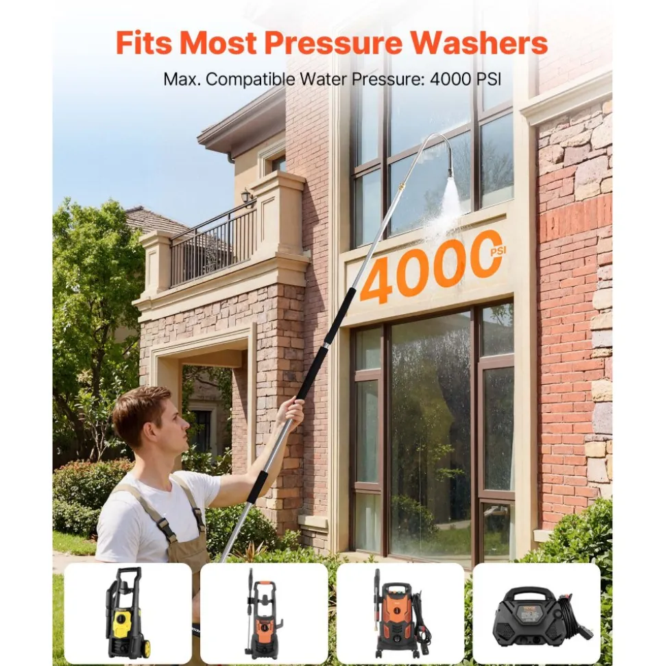 VEVOR 9 FT Pressure Washer Telescoping Wand, 3-Section with Power Washer Extension Wands, 7 Nozzles, Hose Adapter, Support Belt, Storage Bag, 4000 PSI Telescopic Gutter Cleaner for High Cleaning