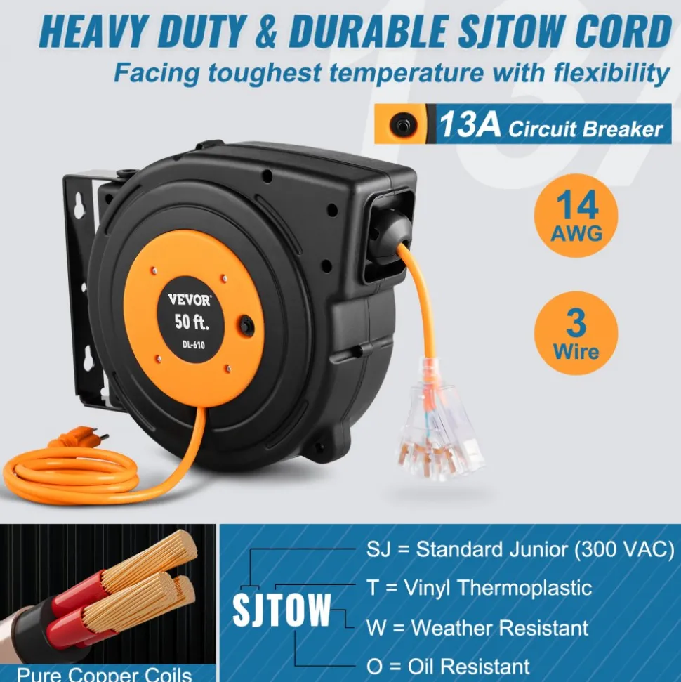 VEVOR 50ft Retractable Extension Cord Reel 14AWG/3CSJTOW Power Cord Reel