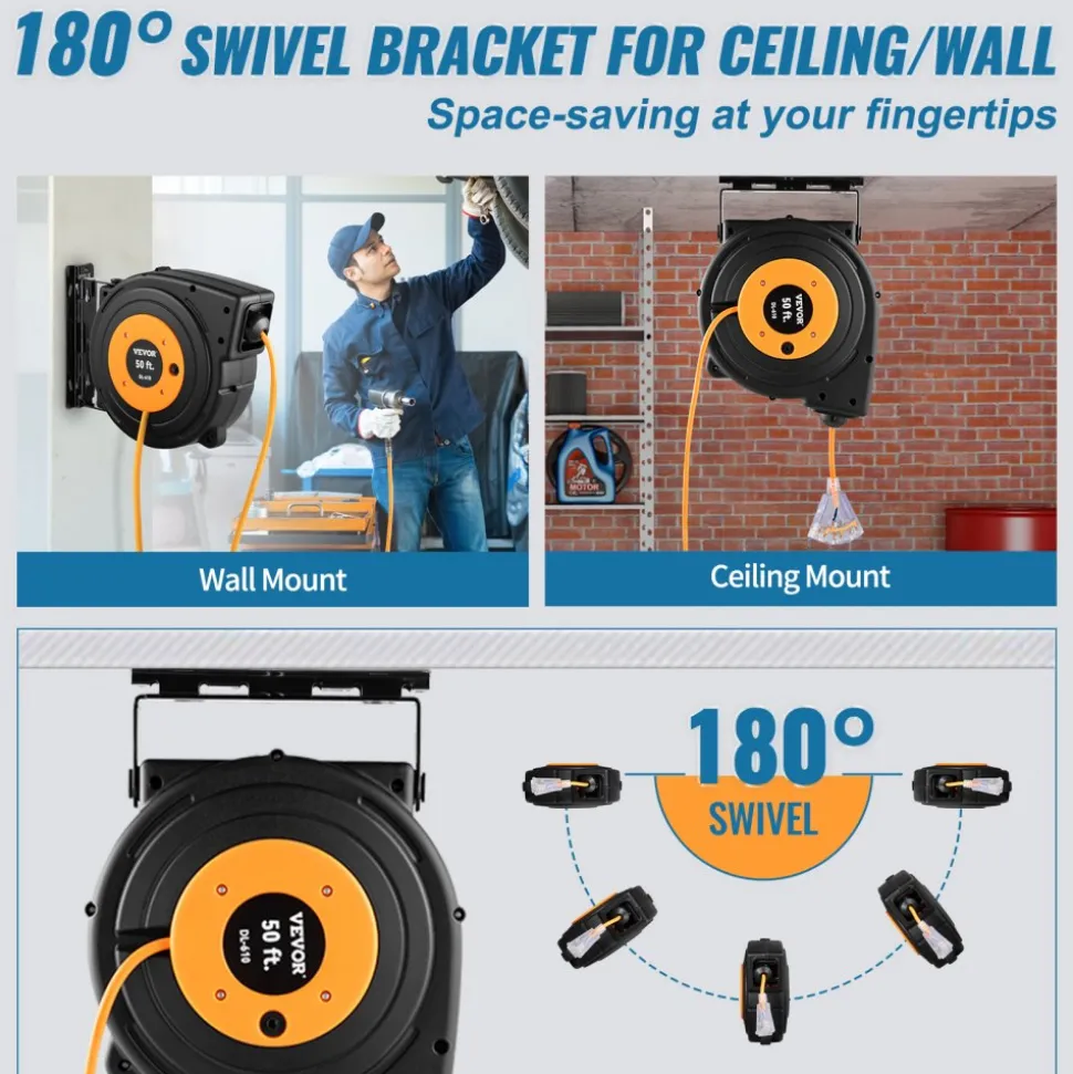 VEVOR 50ft Retractable Extension Cord Reel 14AWG/3CSJTOW Power Cord Reel