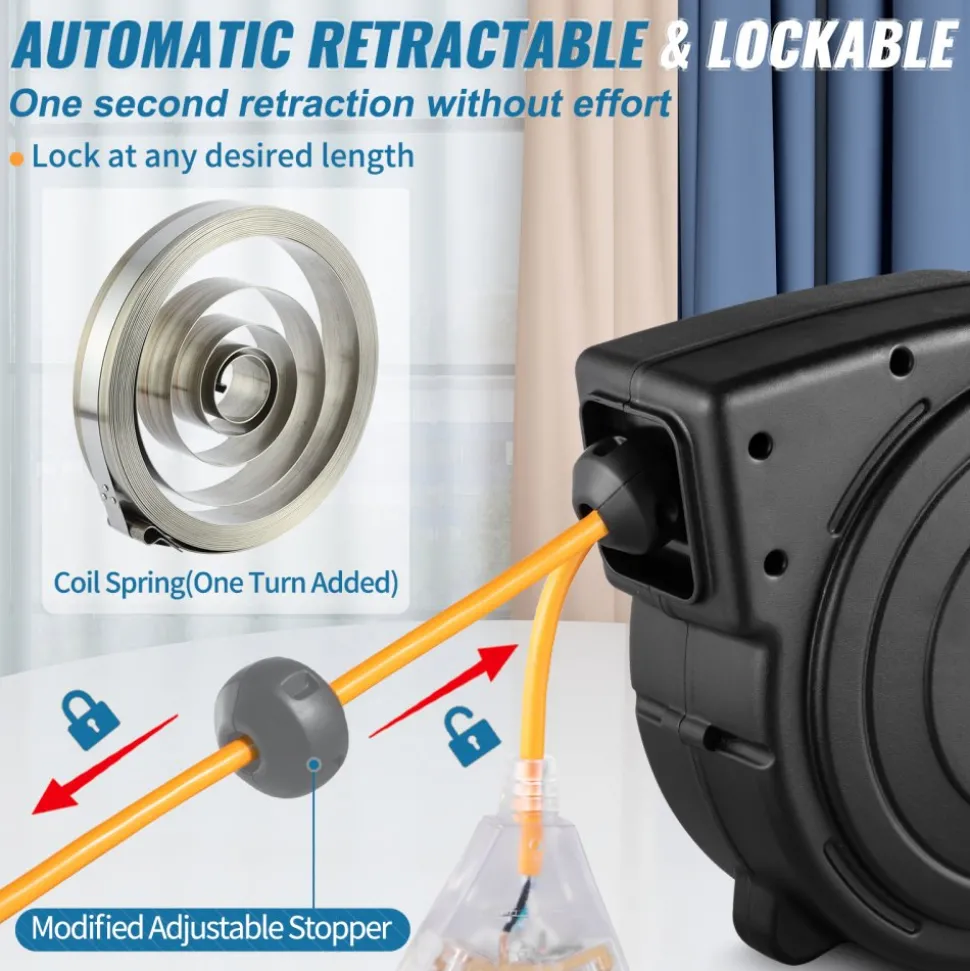 VEVOR 50ft Retractable Extension Cord Reel 14AWG/3CSJTOW Power Cord Reel